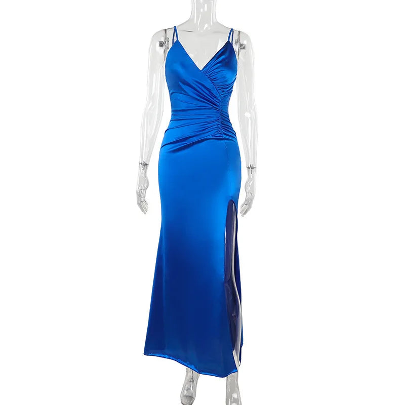 Gala Dresses- Ruched Bust Gala Bodycon Maxi Dress with Spaghetti Straps- - IndioGear Women Clothing