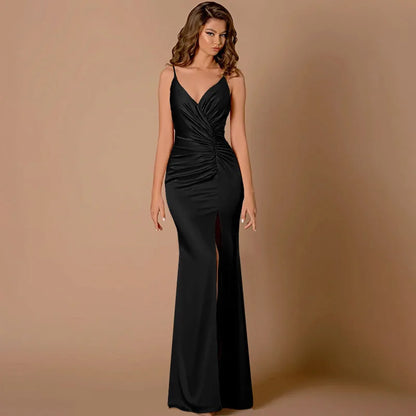 Gala Dresses- Ruched Bust Gala Bodycon Maxi Dress with Spaghetti Straps- - IndioGear Women Clothing