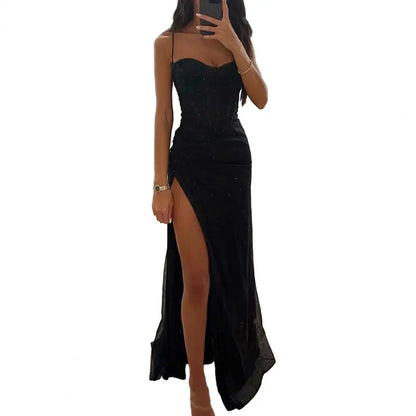 Gala Maxi Dresses- Glitter Bodycon Maxi Dress with Thigh-High Slit for Weddings- black- IndioGear Women Clothing