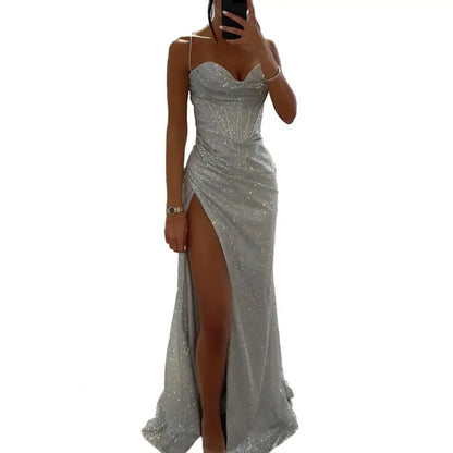 Gala Maxi Dresses- Glitter Bodycon Maxi Dress with Thigh-High Slit for Weddings- Silver- IndioGear Women Clothing