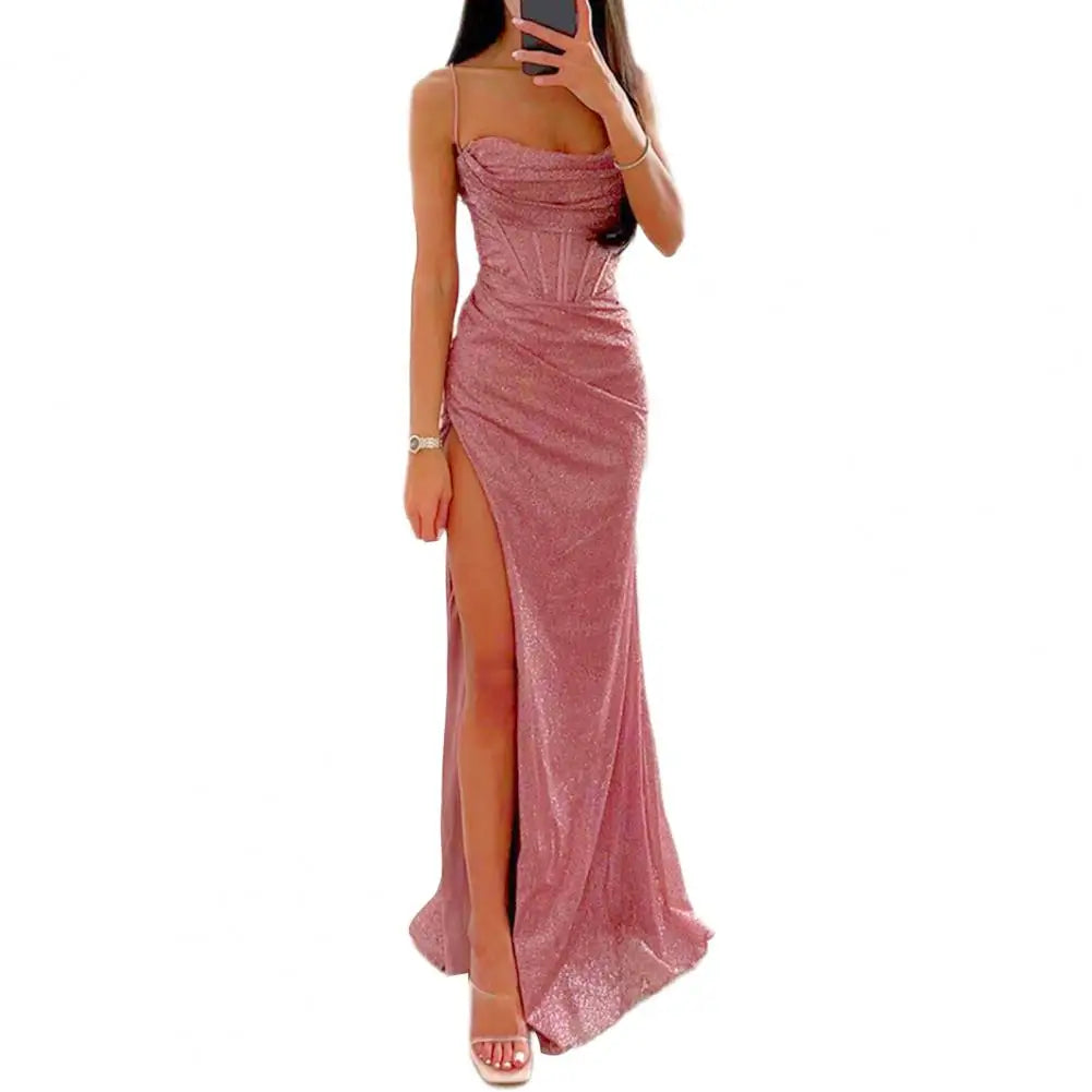 Gala Maxi Dresses- Glitter Bodycon Maxi Dress with Thigh-High Slit for Weddings- Pink- IndioGear Women Clothing