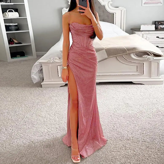 Gala Maxi Dresses- Glitter Bodycon Maxi Dress with Thigh-High Slit for Weddings- - IndioGear Women Clothing