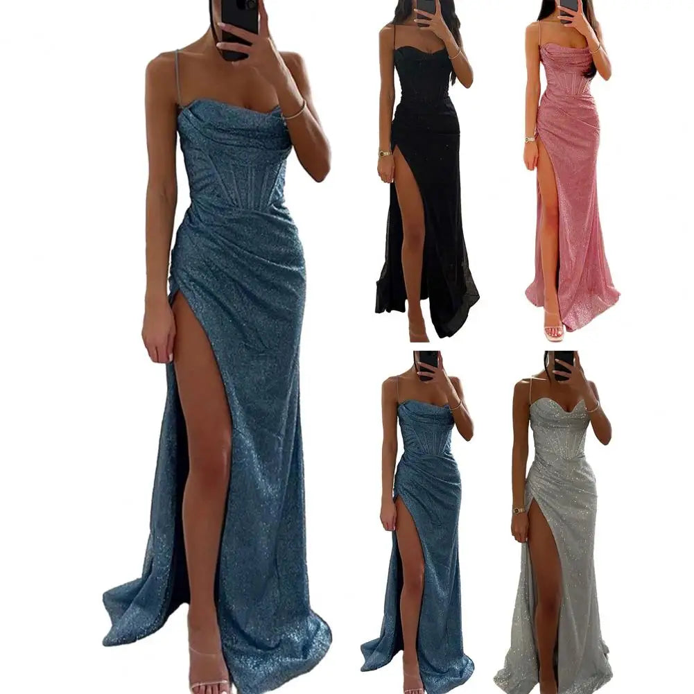 Gala Maxi Dresses- Glitter Bodycon Maxi Dress with Thigh-High Slit for Weddings- - IndioGear Women Clothing