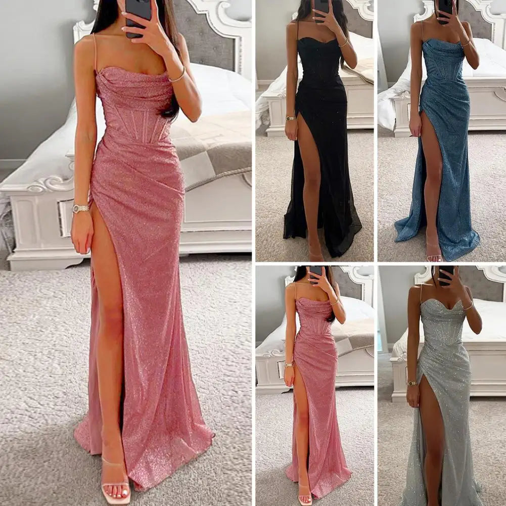 Gala Maxi Dresses- Glitter Bodycon Maxi Dress with Thigh-High Slit for Weddings- - IndioGear Women Clothing