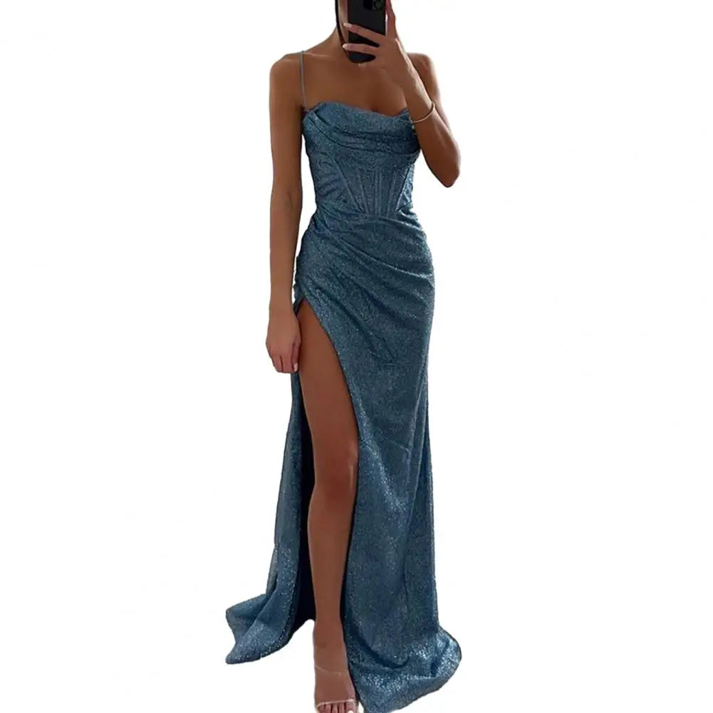 Gala Maxi Dresses- Glitter Bodycon Maxi Dress with Thigh-High Slit for Weddings- Blue- IndioGear Women Clothing