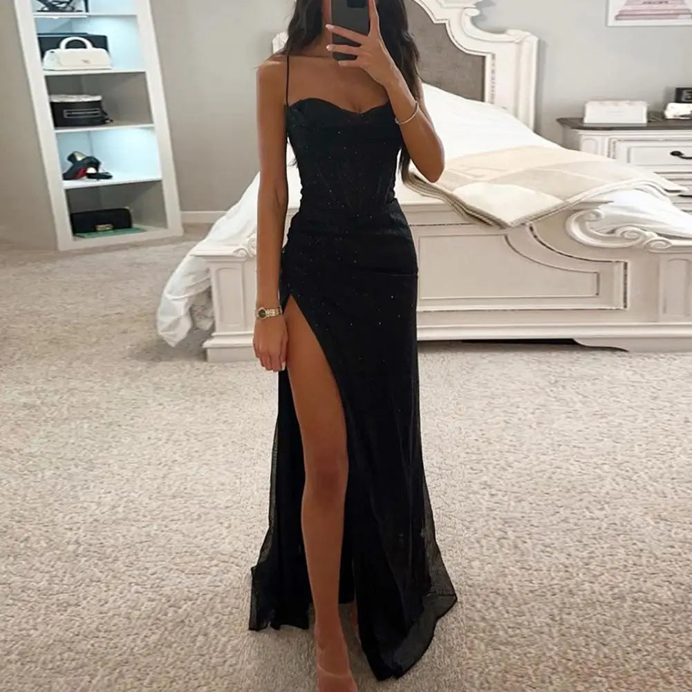 Gala Maxi Dresses- Glitter Bodycon Maxi Dress with Thigh-High Slit for Weddings- - IndioGear Women Clothing