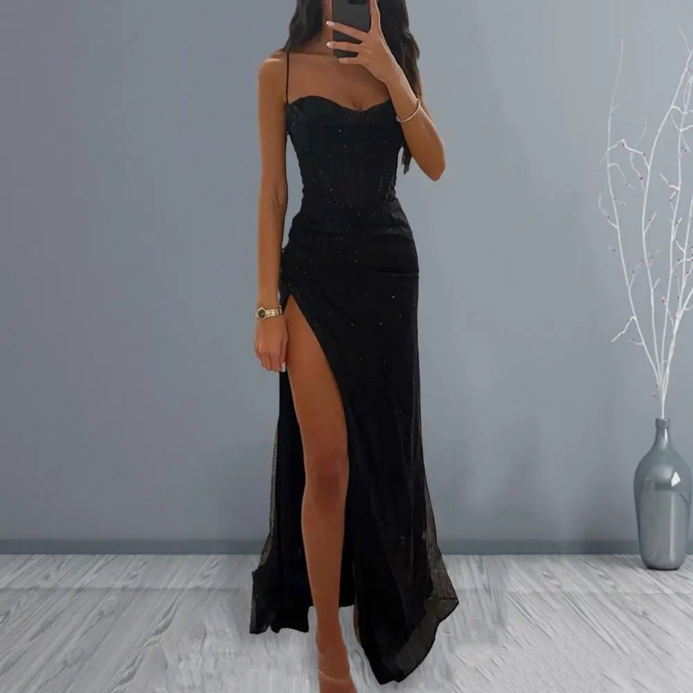 Gala Maxi Dresses- Glitter Bodycon Maxi Dress with Thigh-High Slit for Weddings- - IndioGear Women Clothing