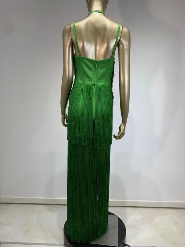 Gowns- Green Fringe Gala Gown 1920s Inspired Flapper Dress- - IndioGear Women Clothing