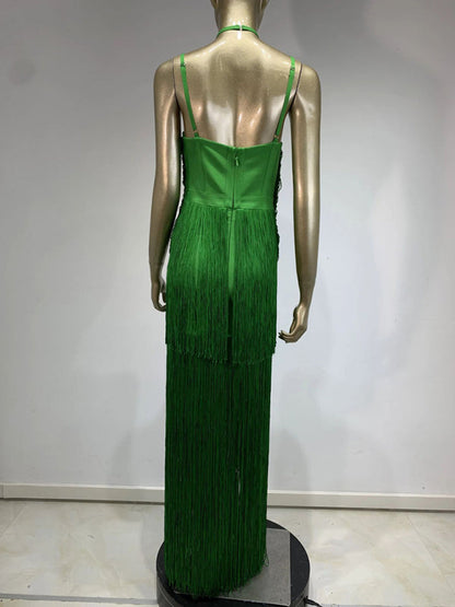 Gowns- Green Fringe Gala Gown 1920s Inspired Flapper Dress- - IndioGear Women Clothing