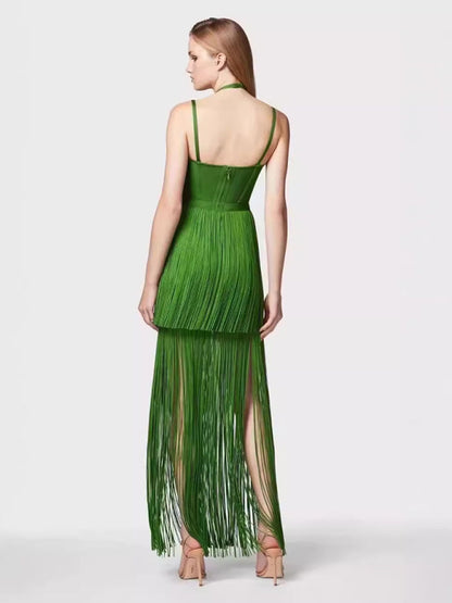 Gowns- Green Fringe Gala Gown 1920s Inspired Flapper Dress- - IndioGear Women Clothing