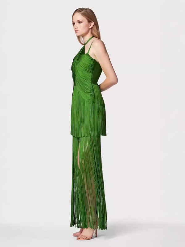 Gowns- Green Fringe Gala Gown 1920s Inspired Flapper Dress- - IndioGear Women Clothing