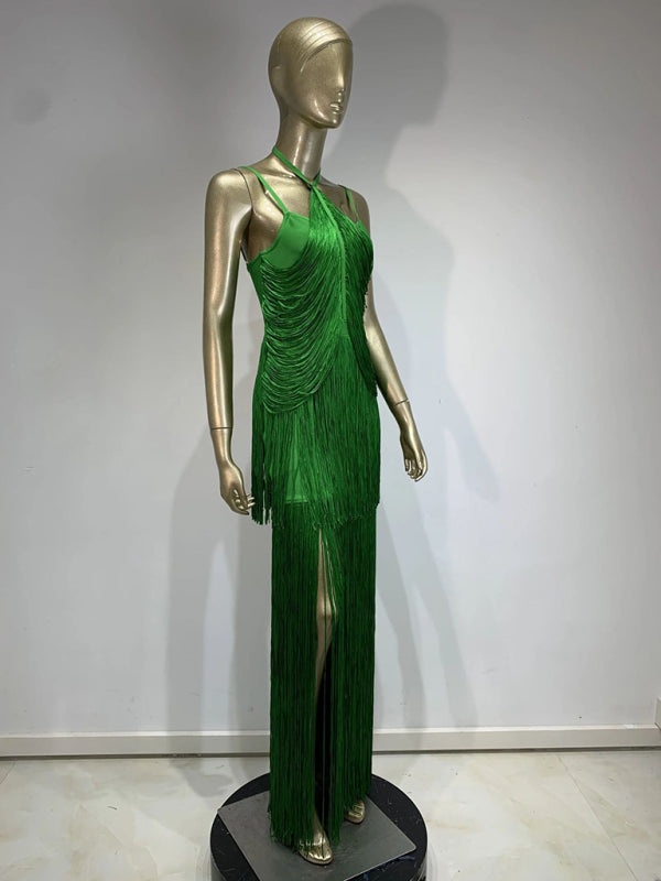 Gowns- Green Fringe Gala Gown 1920s Inspired Flapper Dress- - IndioGear Women Clothing