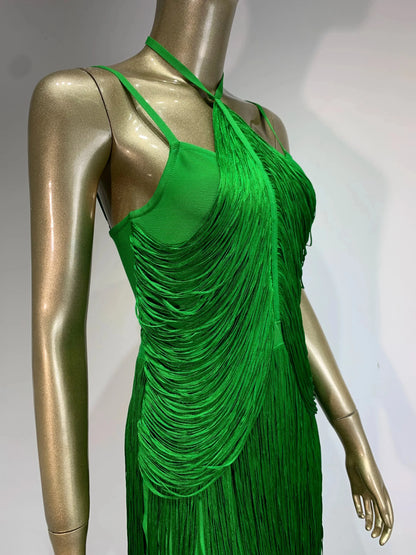 Gowns- Green Fringe Gala Gown 1920s Inspired Flapper Dress- - IndioGear Women Clothing