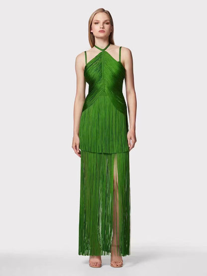 Gowns- Green Fringe Gala Gown 1920s Inspired Flapper Dress- - IndioGear Women Clothing