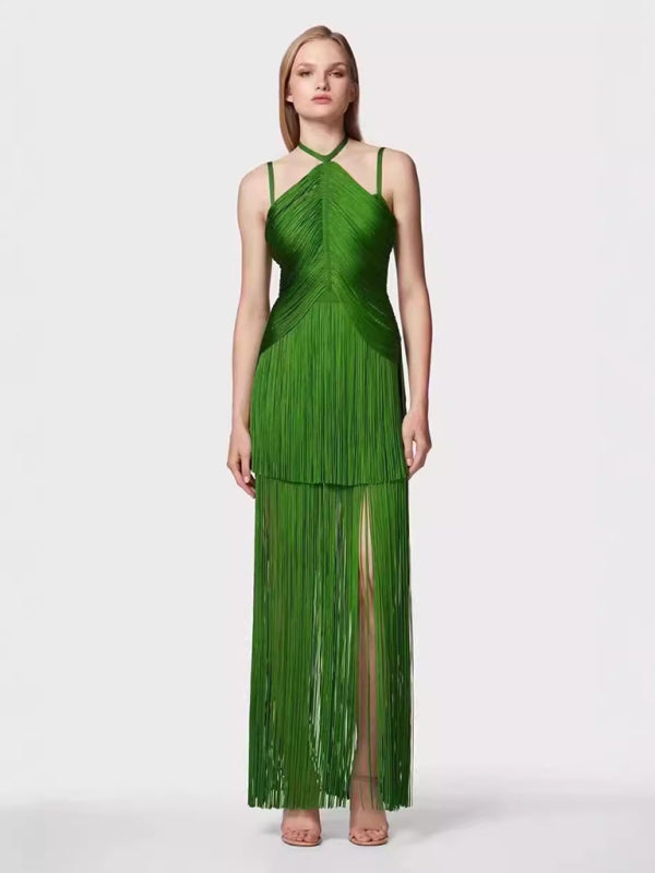 Gowns- Green Fringe Gala Gown 1920s Inspired Flapper Dress- Green- IndioGear Women Clothing