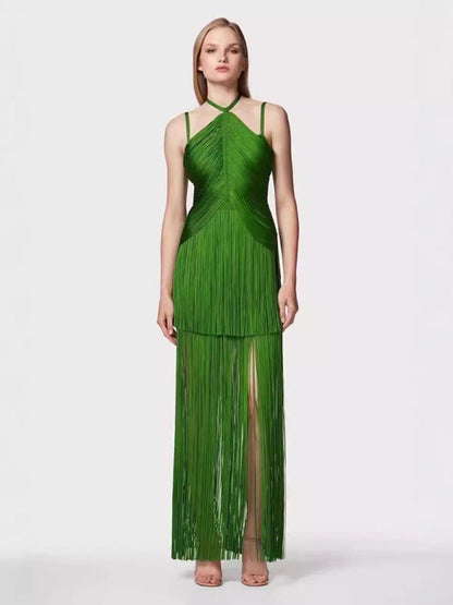 Gowns- Green Fringe Gala Gown 1920s Inspired Flapper Dress- Green- IndioGear Women Clothing