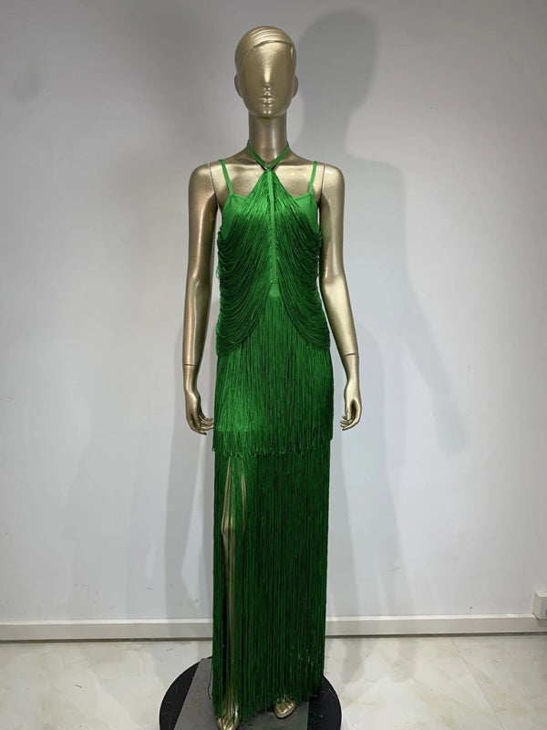 Gowns- Green Fringe Gala Gown 1920s Inspired Flapper Dress- - IndioGear Women Clothing