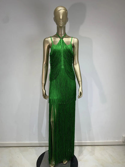 Gowns- Green Fringe Gala Gown 1920s Inspired Flapper Dress- - IndioGear Women Clothing