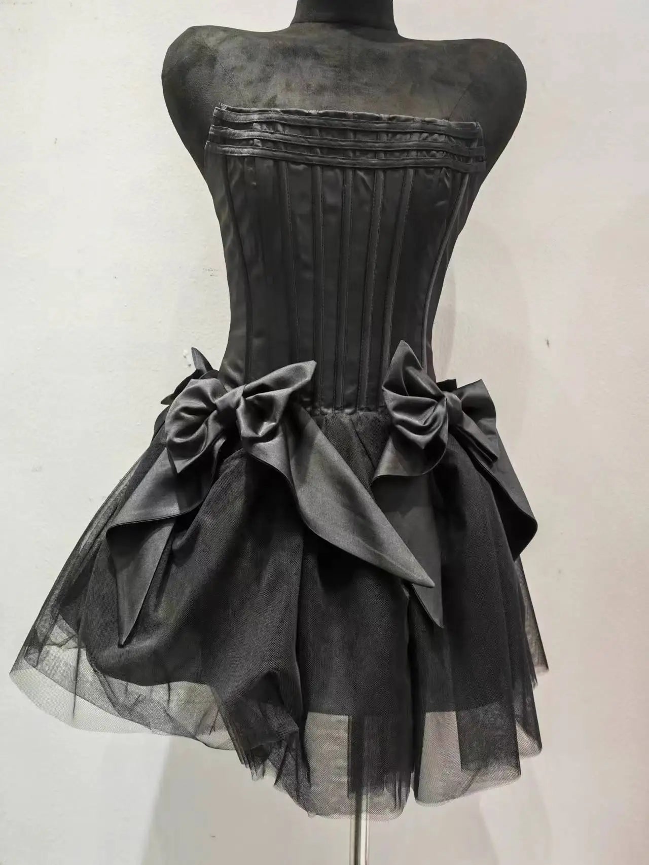 Gowns- Strapless Satin Lace-Up Corset Mini Dress Gown with Puffy Tulle Skirt- - IndioGear Fashion and Gear