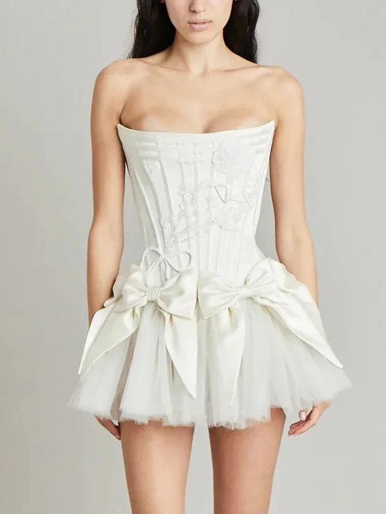 Gowns- Strapless Satin Lace-Up Corset Mini Dress Gown with Puffy Tulle Skirt- White- IndioGear Fashion and Gear