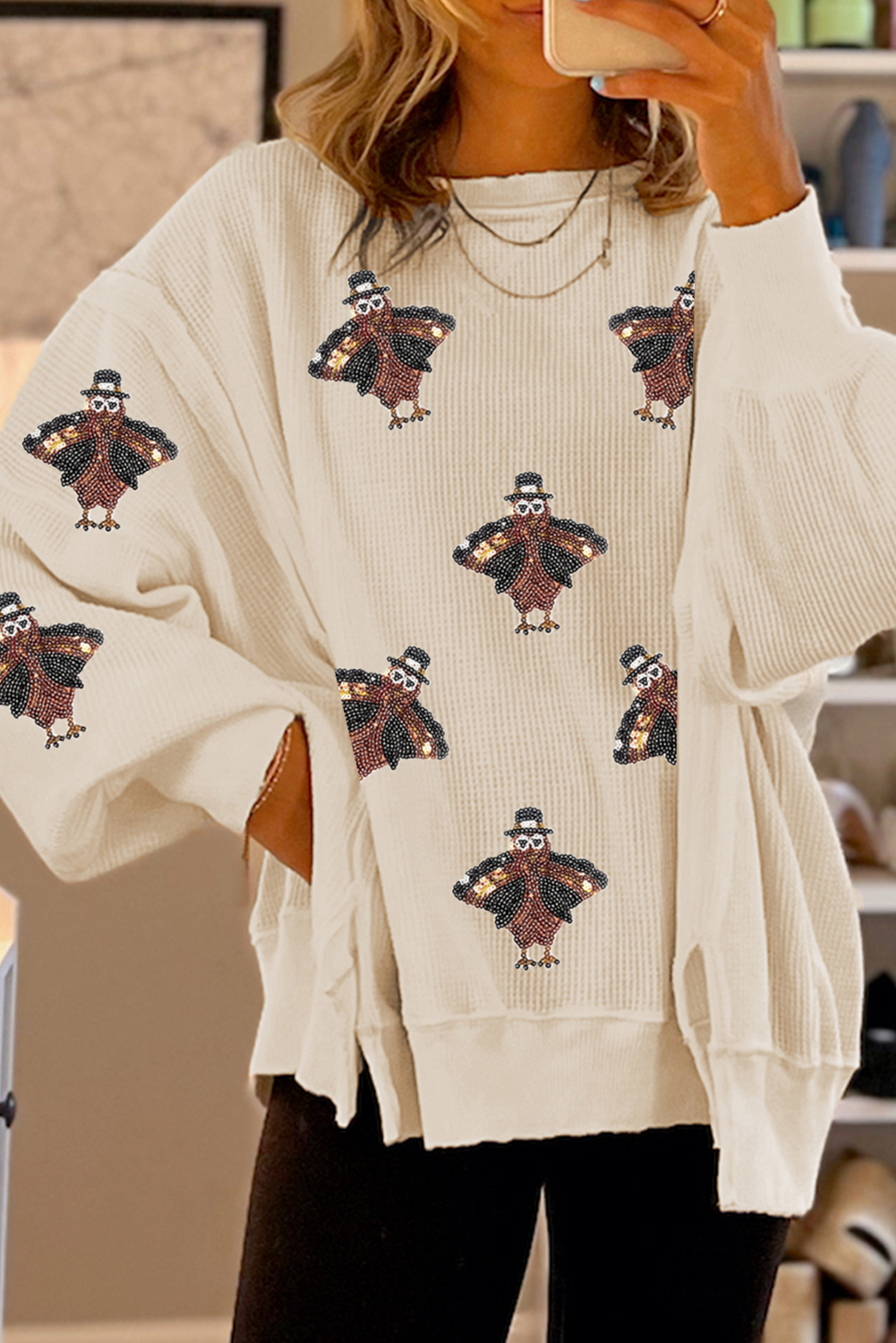 Graphic Long Sleeve Tees- Festive Turkey Knit Pullover Thanksgiving Oversized Waffle Top- White- IndioGear Women Clothing