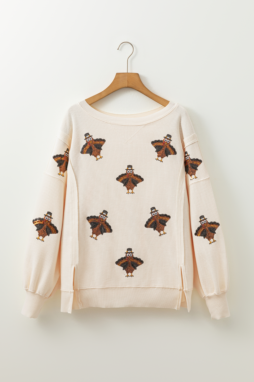 Graphic Long Sleeve Tees- Festive Turkey Knit Pullover Thanksgiving Oversized Waffle Top- - IndioGear Women Clothing