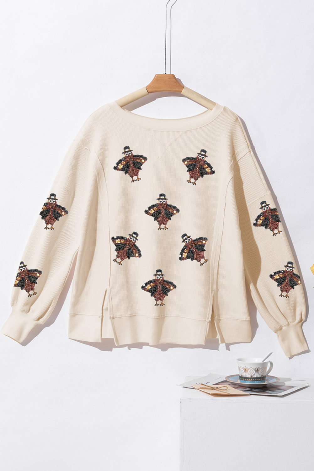 Graphic Long Sleeve Tees- Festive Turkey Knit Pullover Thanksgiving Oversized Waffle Top- - IndioGear Women Clothing