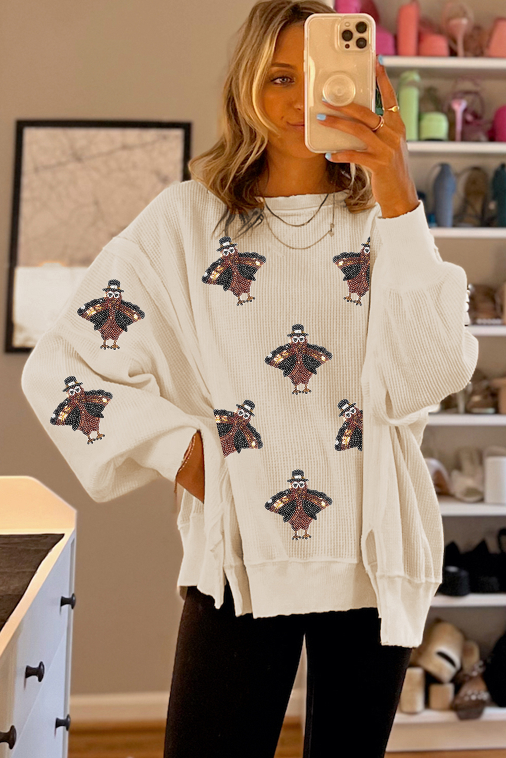 Graphic Long Sleeve Tees- Festive Turkey Knit Pullover Thanksgiving Oversized Waffle Top- - IndioGear Women Clothing