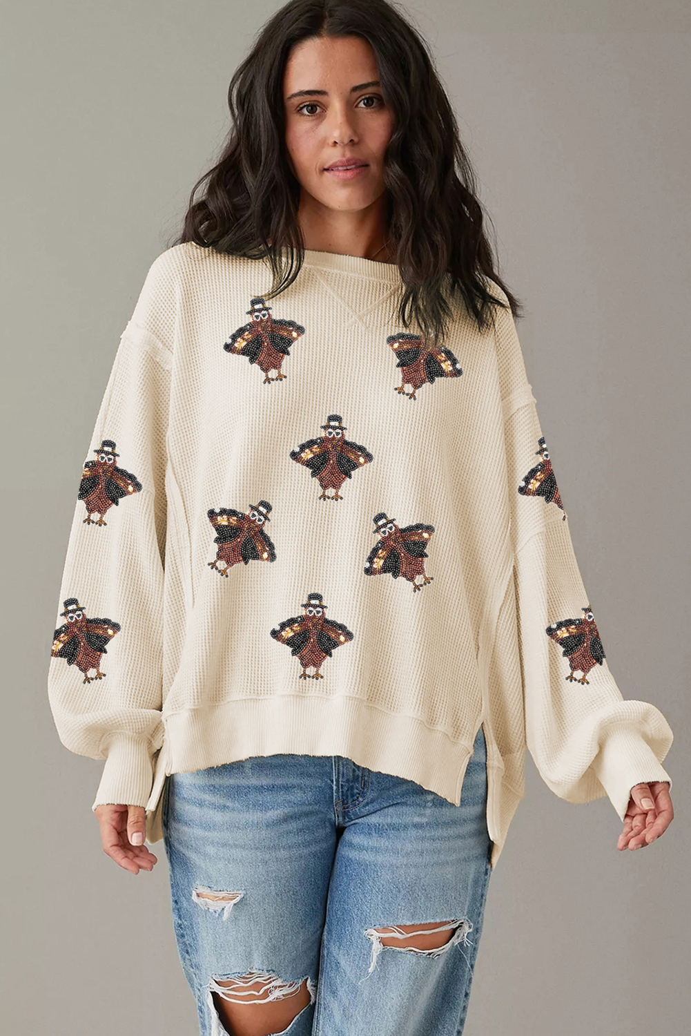 Graphic Long Sleeve Tees- Festive Turkey Knit Pullover Thanksgiving Oversized Waffle Top- - IndioGear Women Clothing