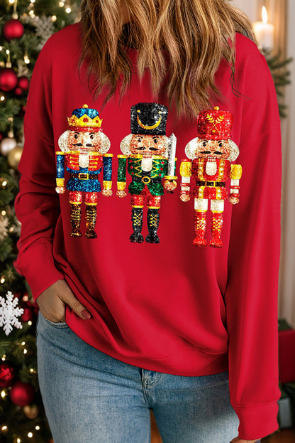 Graphic Plus Size- Festive Sequin Nutcracker Sweatshirt for Women Holiday Pullover- Racing Red- IndioGear Women Clothing