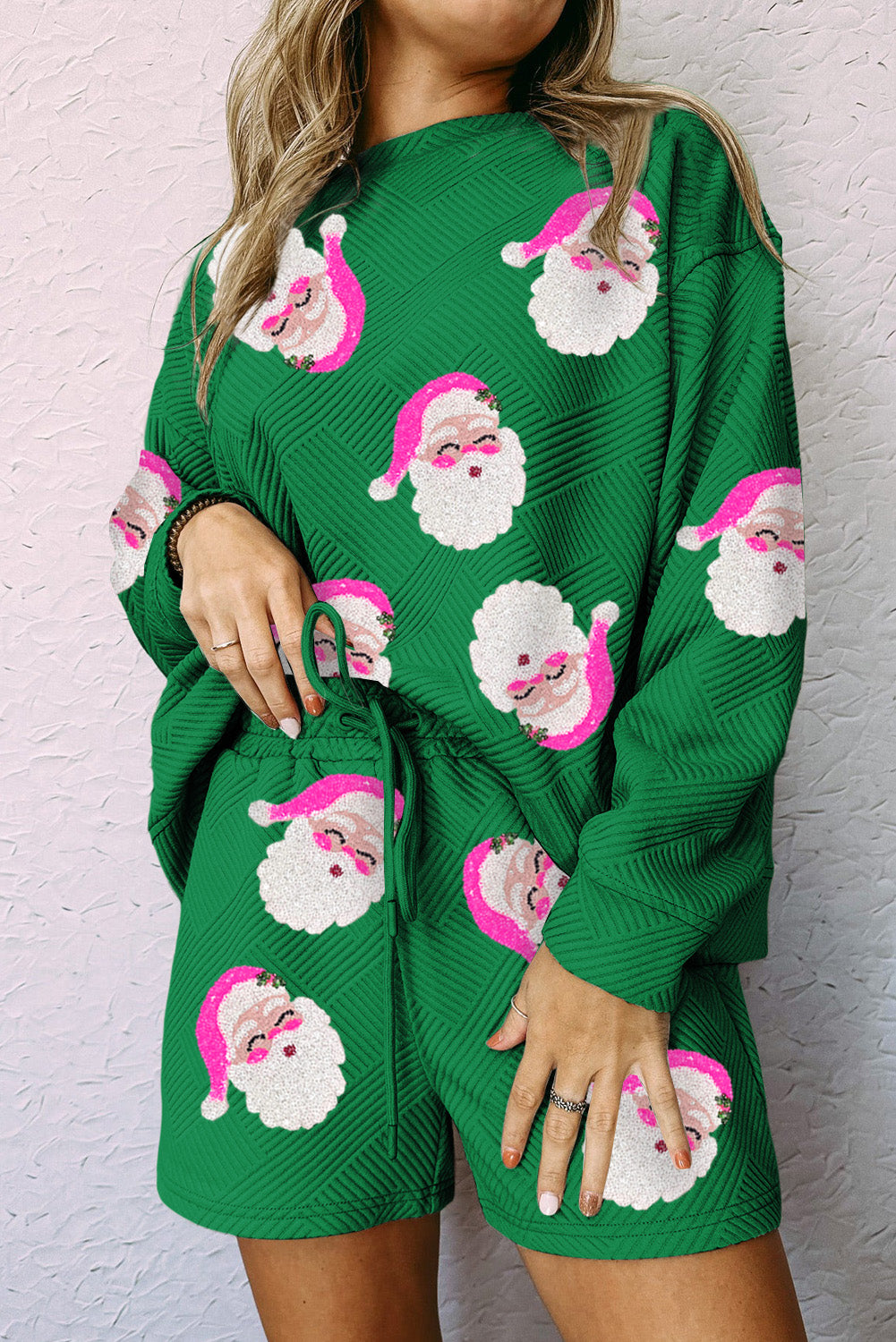 Graphic Sets- Santa Claus Christmas Loungewear Set Pullover & Shorts- Green- IndioGear Women Clothing