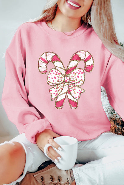 Graphic Sweatshirts- Festive Candy Cane Bow Christmas Sweater- Pink- IndioGear Women Clothing