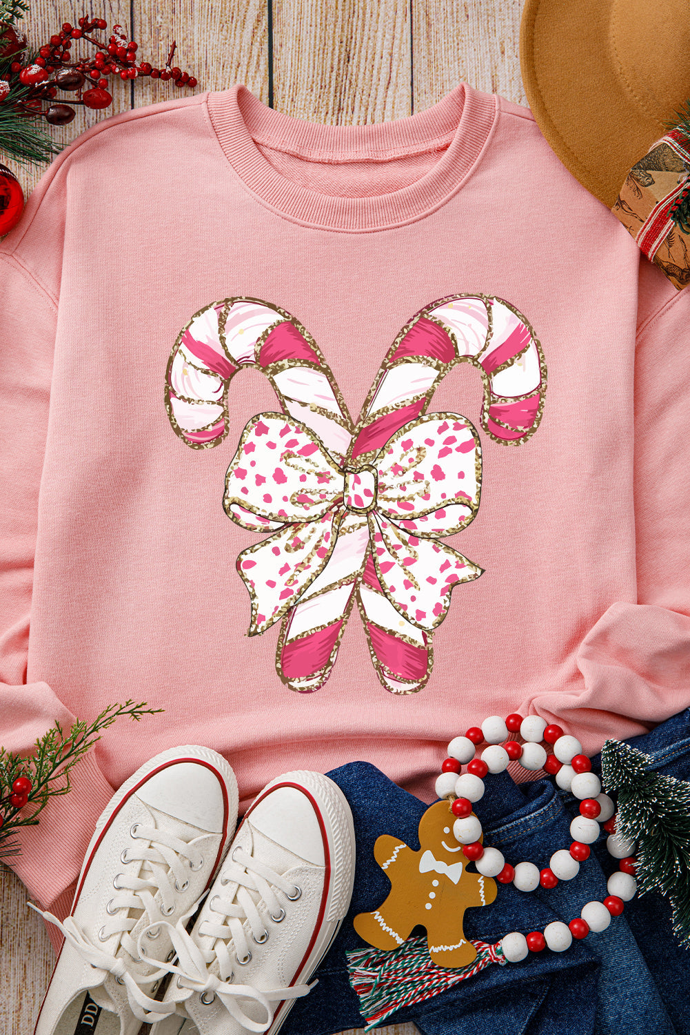 Graphic Sweatshirts- Festive Candy Cane Bow Christmas Sweater- - IndioGear Women Clothing