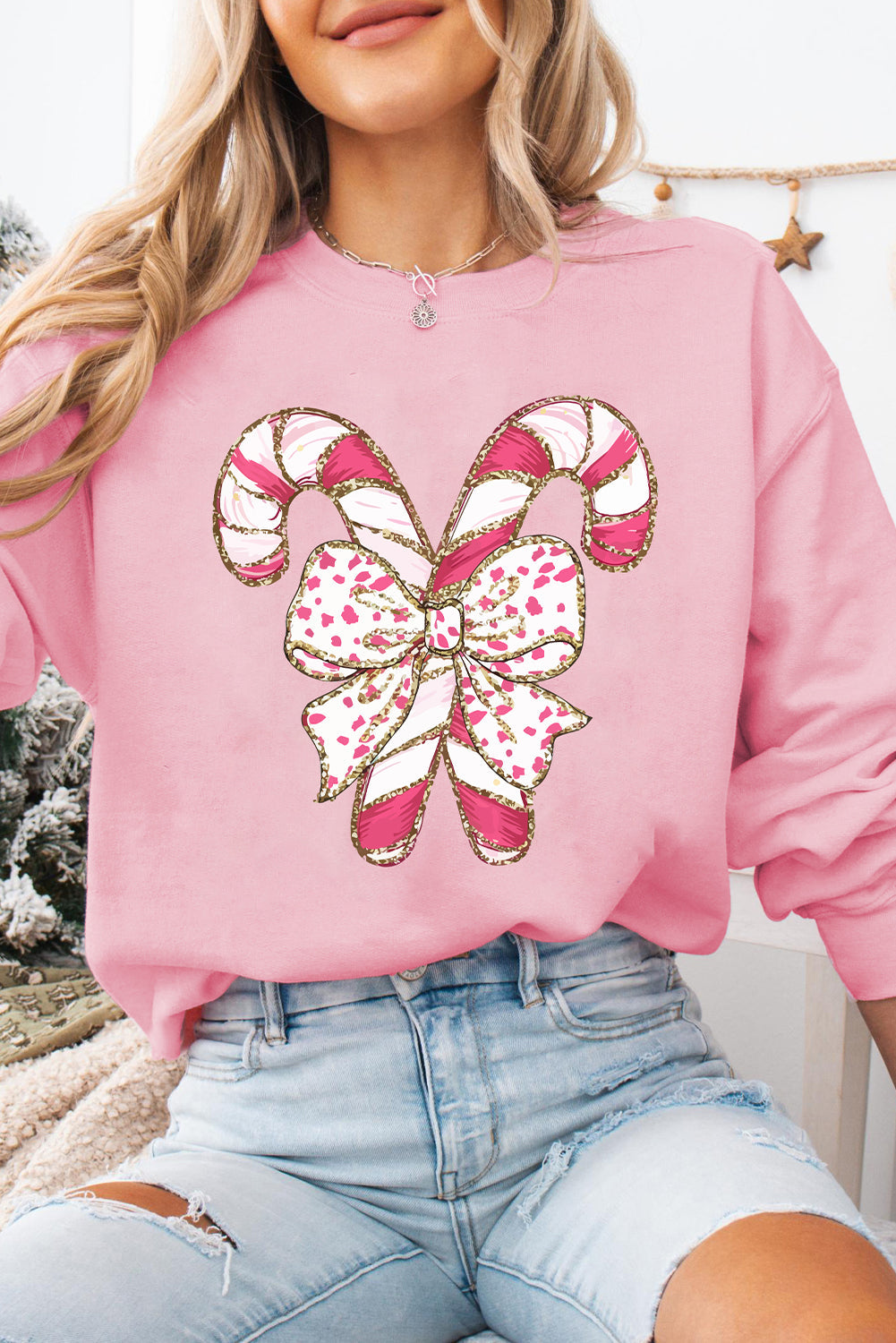 Graphic Sweatshirts- Festive Candy Cane Bow Christmas Sweater- - IndioGear Women Clothing