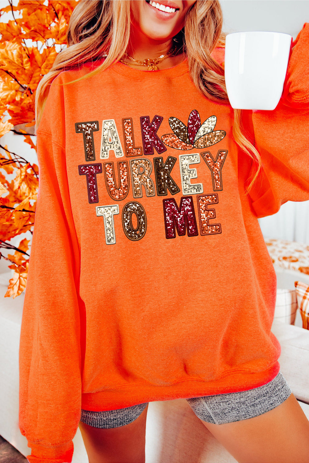 Graphic Sweatshirts- Talk Turkey To Me Thanksgiving Sweatshirt Holiday Pullover- Orange- IndioGear Women Clothing