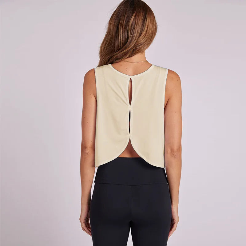 Gym Tops- Women Open-Back Gym Crop Top- Khaki- IndioGear.com