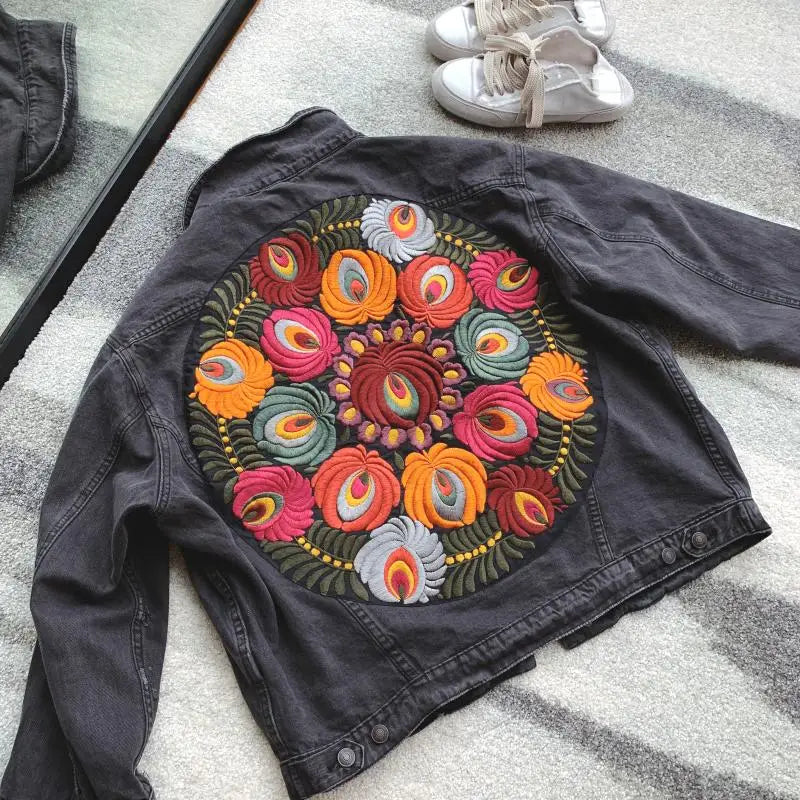 Denim Jackets- Floral Embroidered Patch on Back Denim Oversized Jacket- - IndioGear.com