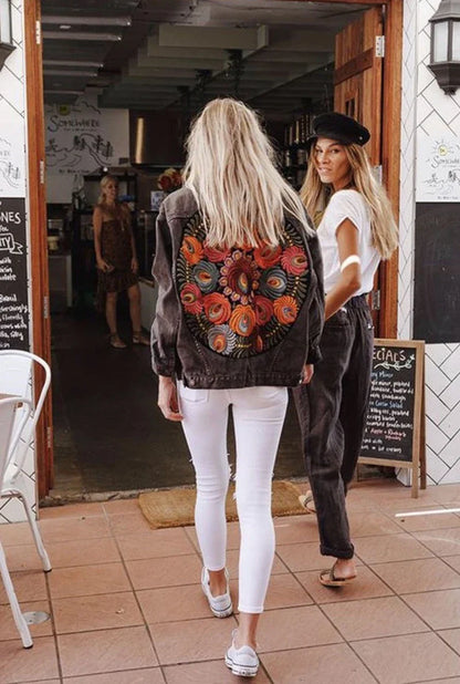 Denim Jackets- Floral Embroidered Patch on Back Denim Oversized Jacket- - IndioGear.com