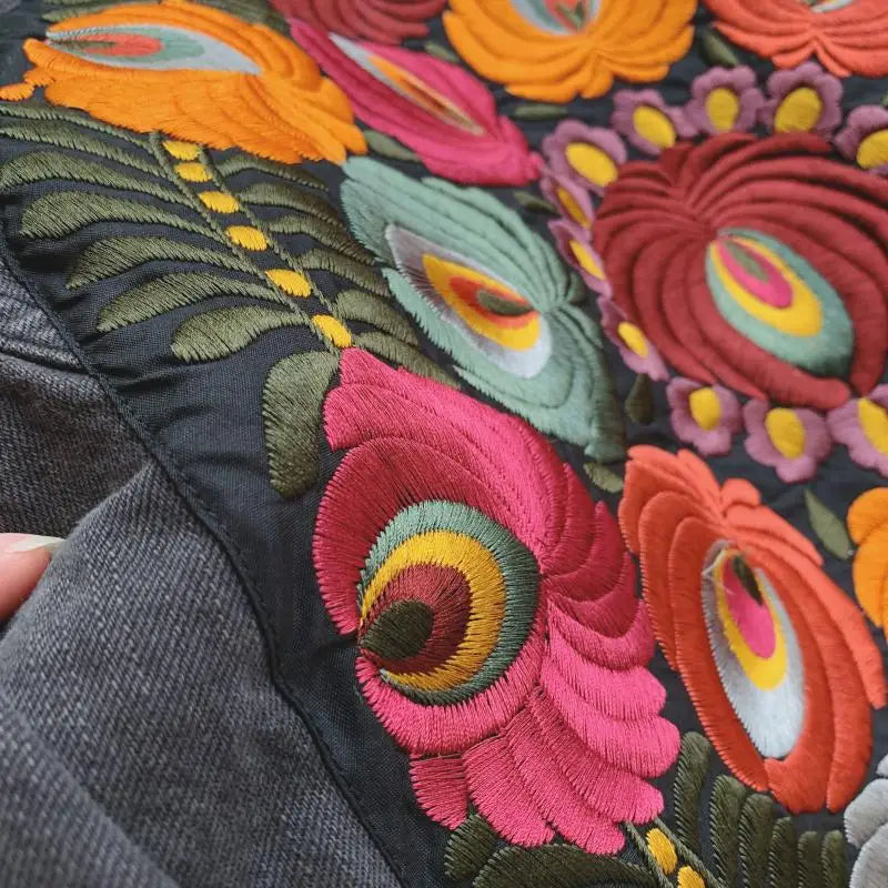 Denim Jackets- Floral Embroidered Patch on Back Denim Oversized Jacket- - IndioGear.com