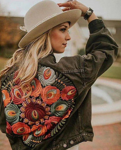 Denim Jackets- Floral Embroidered Patch on Back Denim Oversized Jacket- - IndioGear.com