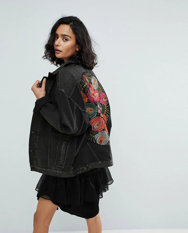 Denim Jackets- Floral Embroidered Patch on Back Denim Oversized Jacket- - IndioGear.com