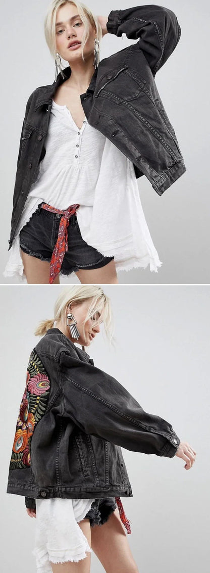 Denim Jackets- Floral Embroidered Patch on Back Denim Oversized Jacket- - IndioGear.com