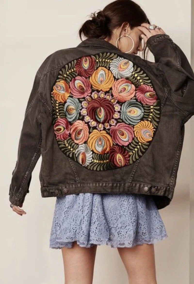 Denim Jackets- Floral Embroidered Patch on Back Denim Oversized Jacket- - IndioGear.com