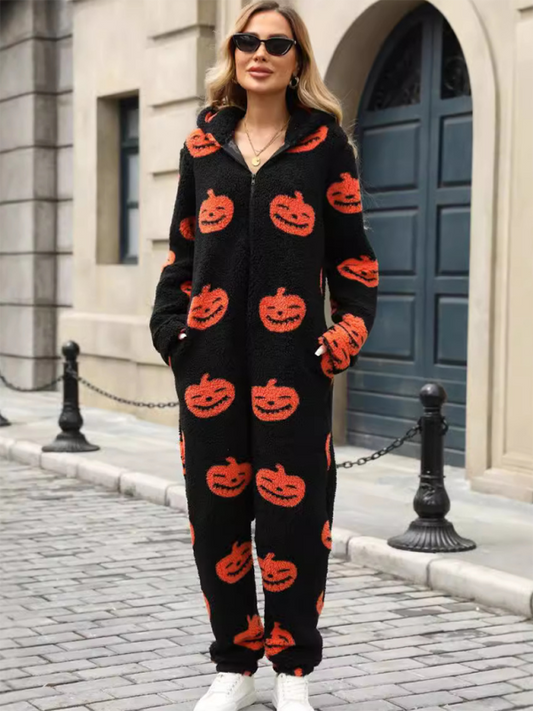 Halloween Jumpsuits- Halloween Pumpkin Print Zip Up Jumpsuit- Black- IndioGear.com