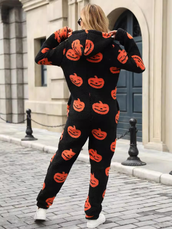 Halloween Jumpsuits- Halloween Pumpkin Print Zip Up Jumpsuit- - IndioGear.com