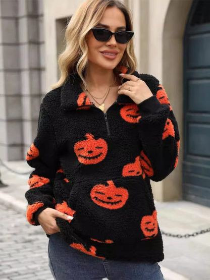 Halloween Jumpsuits- Halloween Pumpkin Print Zip Up Jumpsuit- - IndioGear.com