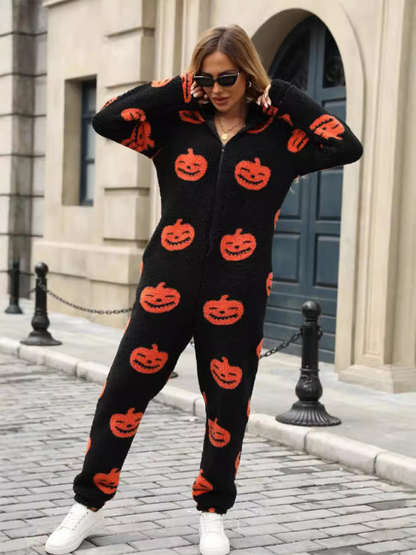 Halloween Jumpsuits- Halloween Pumpkin Print Zip Up Jumpsuit- - IndioGear.com