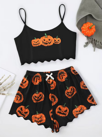 Halloween Sleepwear- Halloween Theme Print Galore Crop Top Shorts Pajama Set- Black- IndioGear.com