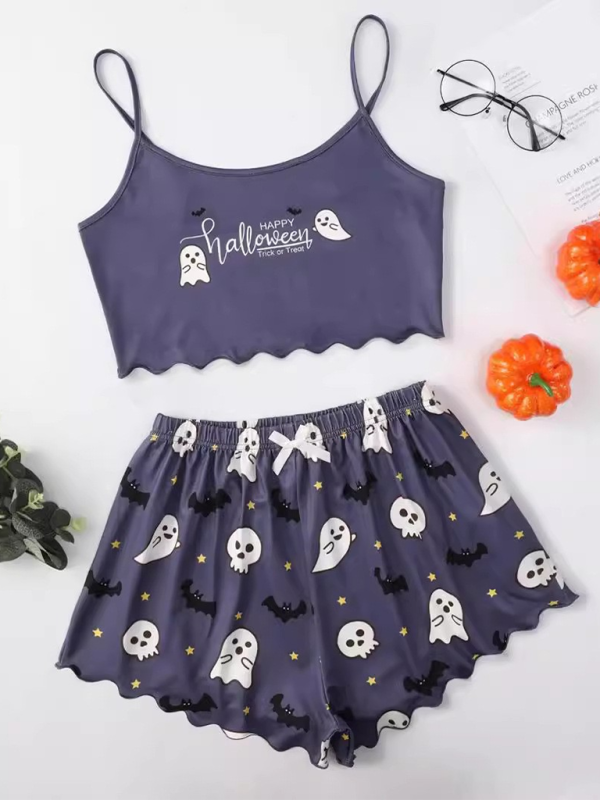 Halloween Sleepwear- Halloween Theme Print Galore Crop Top Shorts Pajama Set- Pattern4- IndioGear.com