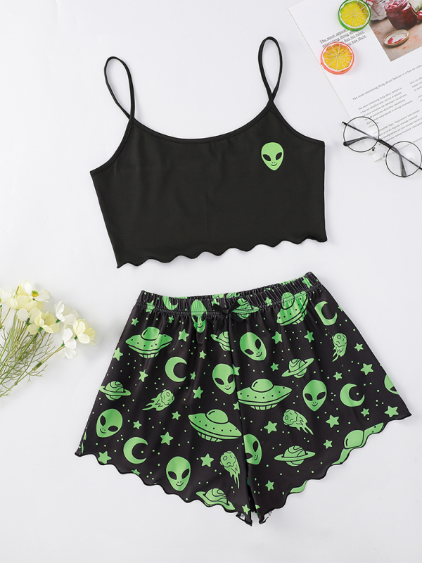 Halloween Sleepwear- Halloween Theme Print Galore Crop Top Shorts Pajama Set- - IndioGear.com